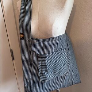 Striped Navy Canvas Denim Crossbody Bag with Front Pocket